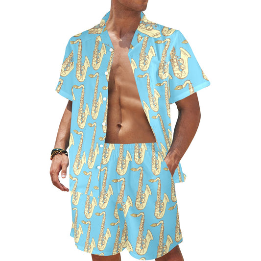Saxophone Pattern Print Design 03 Men's Beach Shirt and Shorts Set