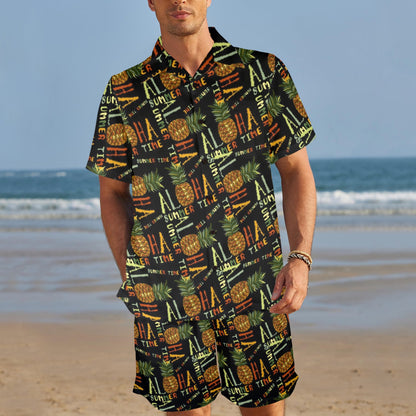 Aloha Hawaii Time Design Themed Print Men's Beach Shirt and Shorts Set