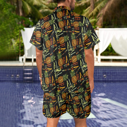 Aloha Hawaii Time Design Themed Print Men's Beach Shirt and Shorts Set