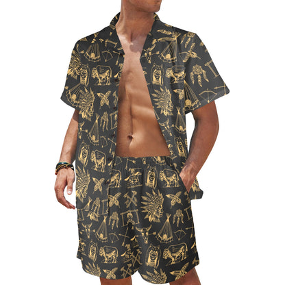 American indian Gold Style Men's Beach Shirt and Shorts Set