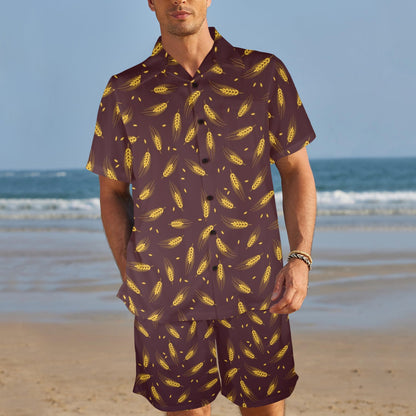Agricultural Gold Wheat Print Pattern Men's Beach Shirt and Shorts Set