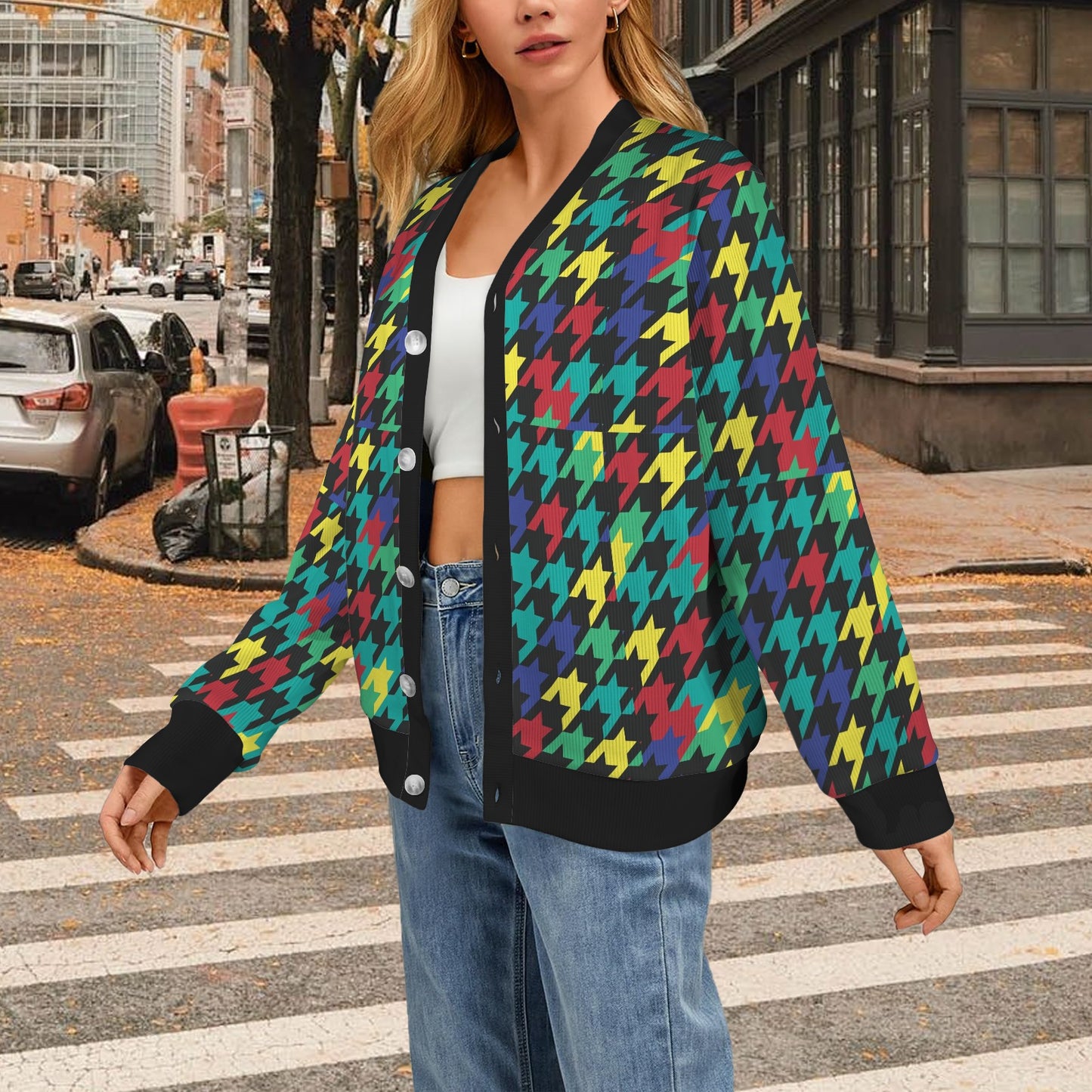 Houndstooth Colorful Pattern Print Design 02 Women's Cardigan