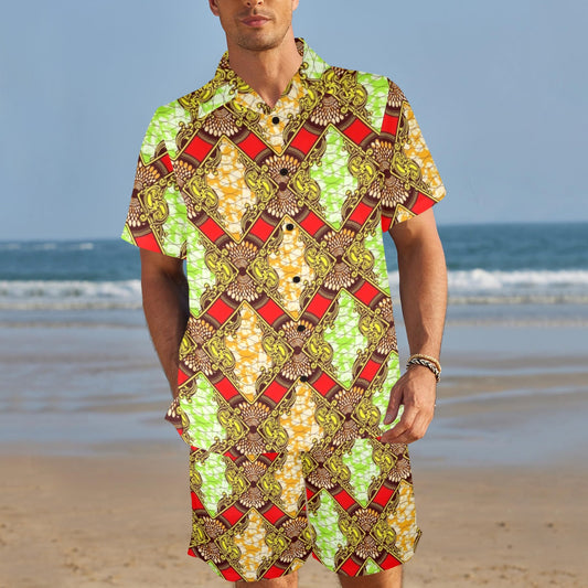 African Classic Print Pattern Men's Beach Shirt and Shorts Set