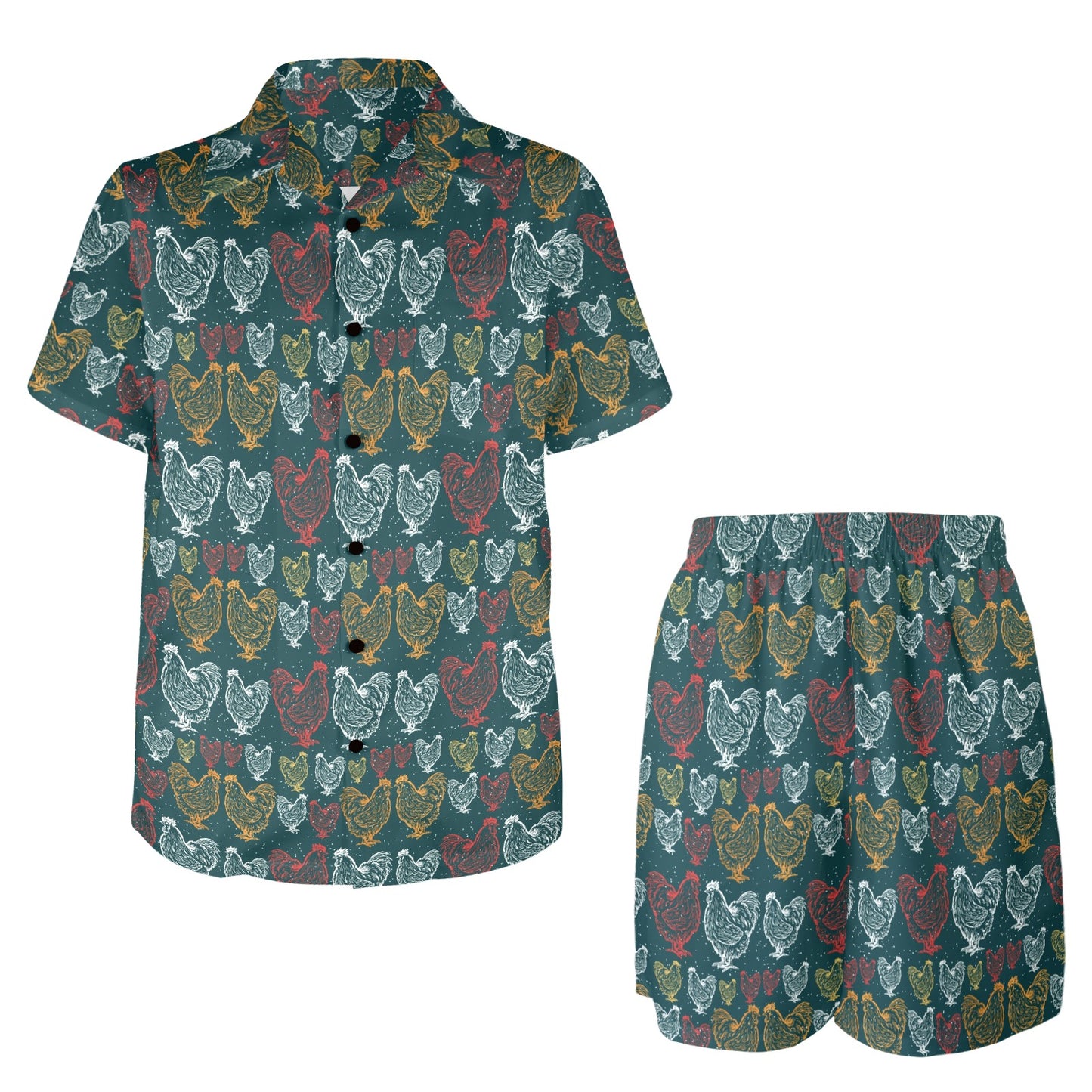 Rooster Hand Draw Design Men's Beach Shirt and Shorts Set