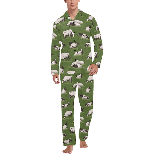 Cow on Grass Print Pattern Men's Long Pajama Set