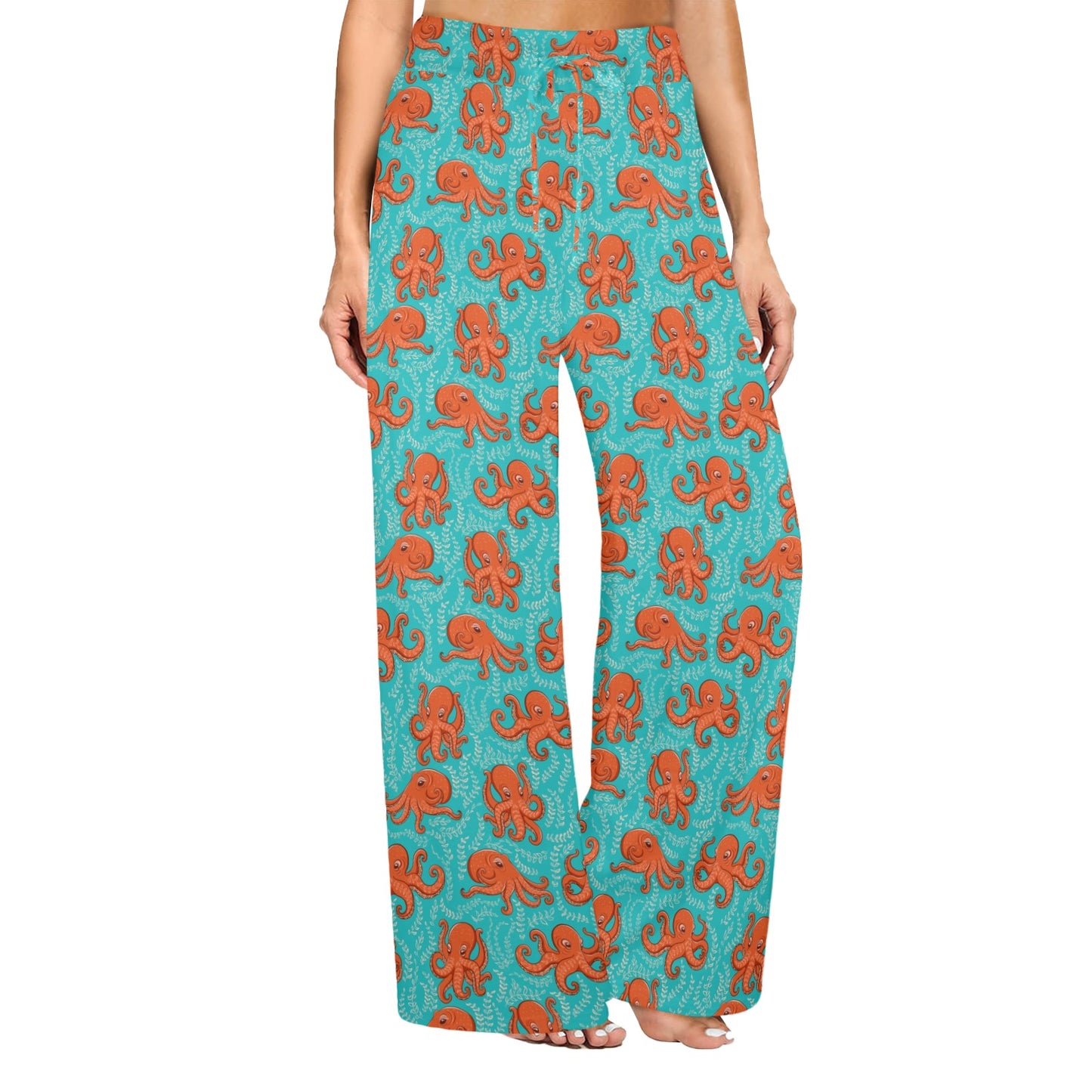 Octopus Cartoon Design Print Themed Women's Wide Leg Lounge Pants