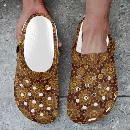 Gold Sunflower Hand Drawn Print Unisex Clogs Shoes