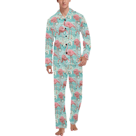 Flamingo Background Themed Print Men's Long Pajama Set