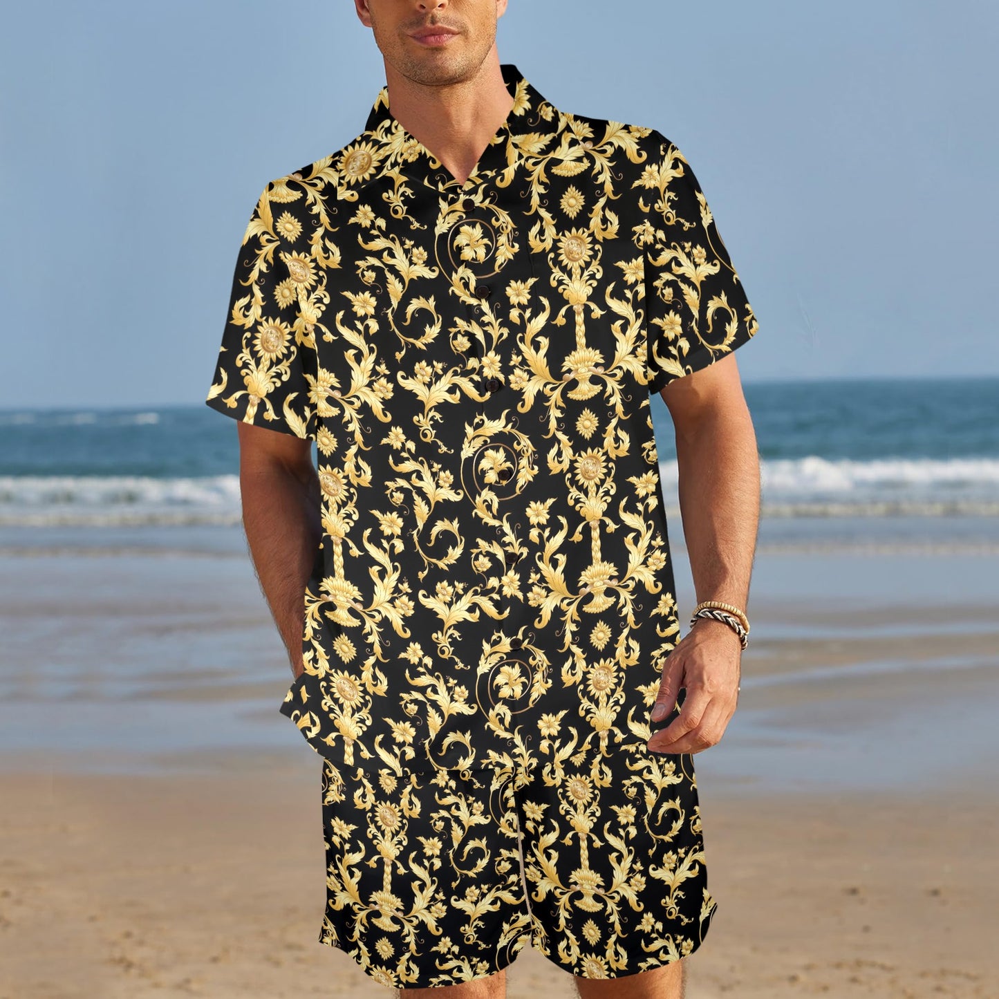 Baroque Golden Pattern Print Design 04 Men's Beach Shirt and Shorts Set