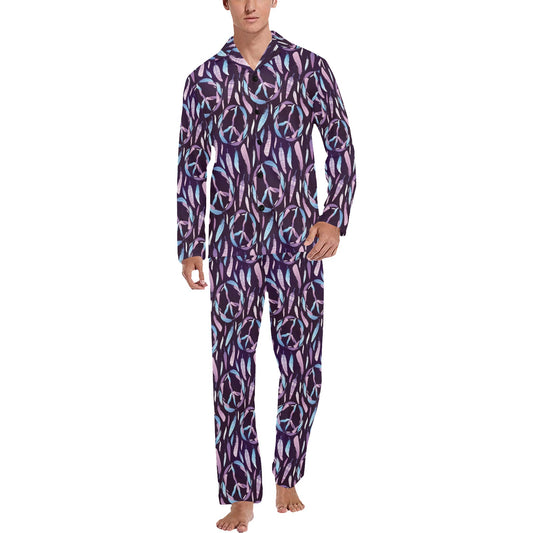 Peace Sign Feather Design Print Men's Long Pajama Set