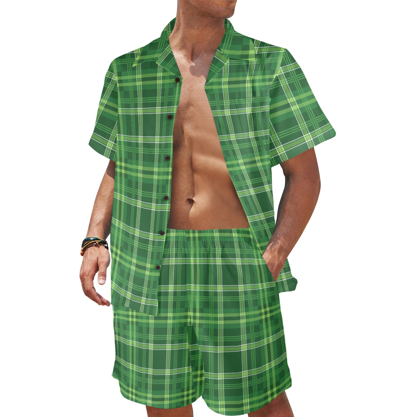 Irish Plaid Pattern Print Design 02 Men's Beach Shirt and Shorts Set