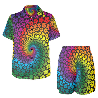 Flower Power Rainbow Spiral Print Men's Beach Shirt and Shorts Set