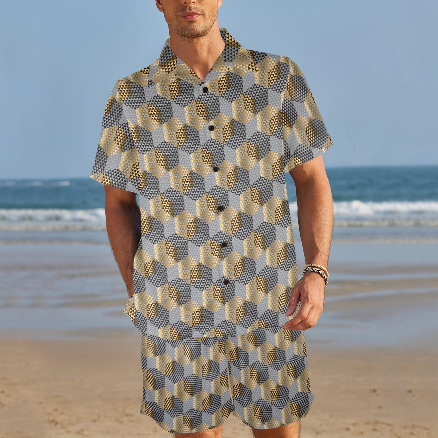 Hexagonal gold black Design Print Pattern JJ0343 Men's Beach Shirt and Shorts Set