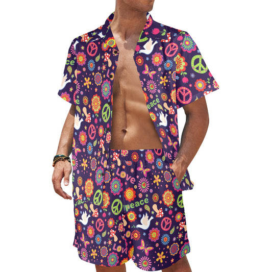 Flower Power Peace Design Print Men's Beach Shirt and Shorts Set
