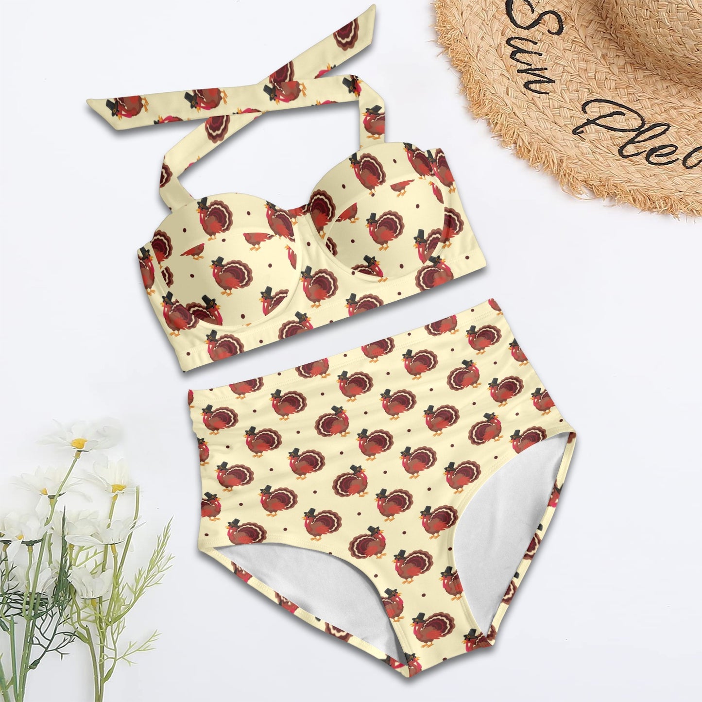 Thanksgiving Print Design LKS3010 Halter Neck Bikini Swimsuit