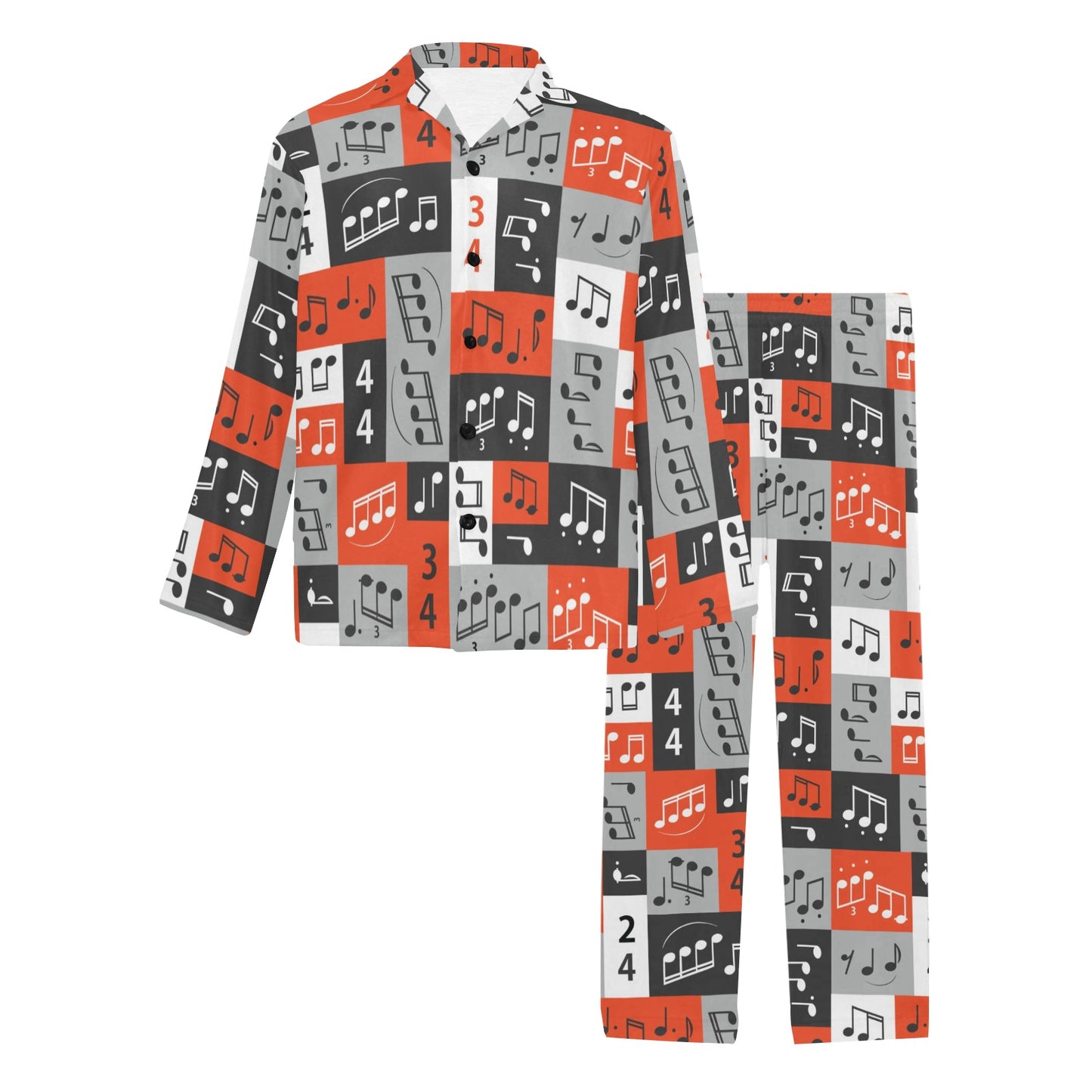 Music Note Design Themed Print Men's Long Pajama Set