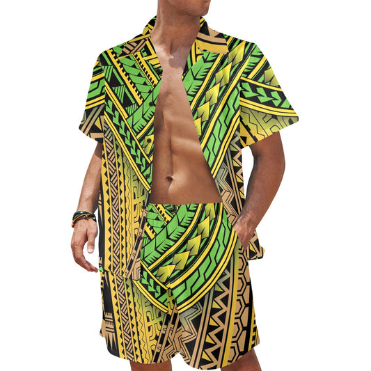 Polynesian Tribal Color Men's Beach Shirt and Shorts Set
