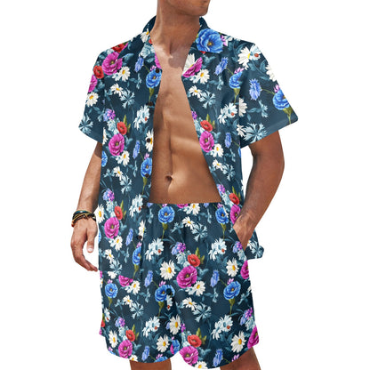 Floral Blue Themed Print Men's Beach Shirt and Shorts Set