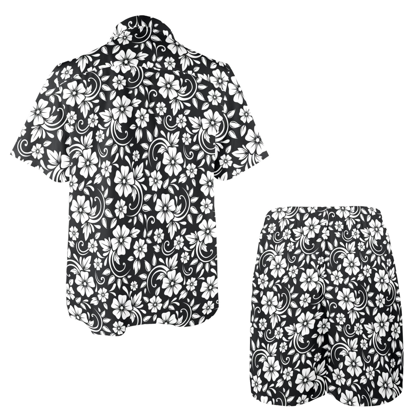 Floral Black White Themed Print Men's Beach Shirt and Shorts Set