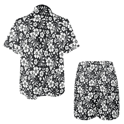 Floral Black White Themed Print Men's Beach Shirt and Shorts Set
