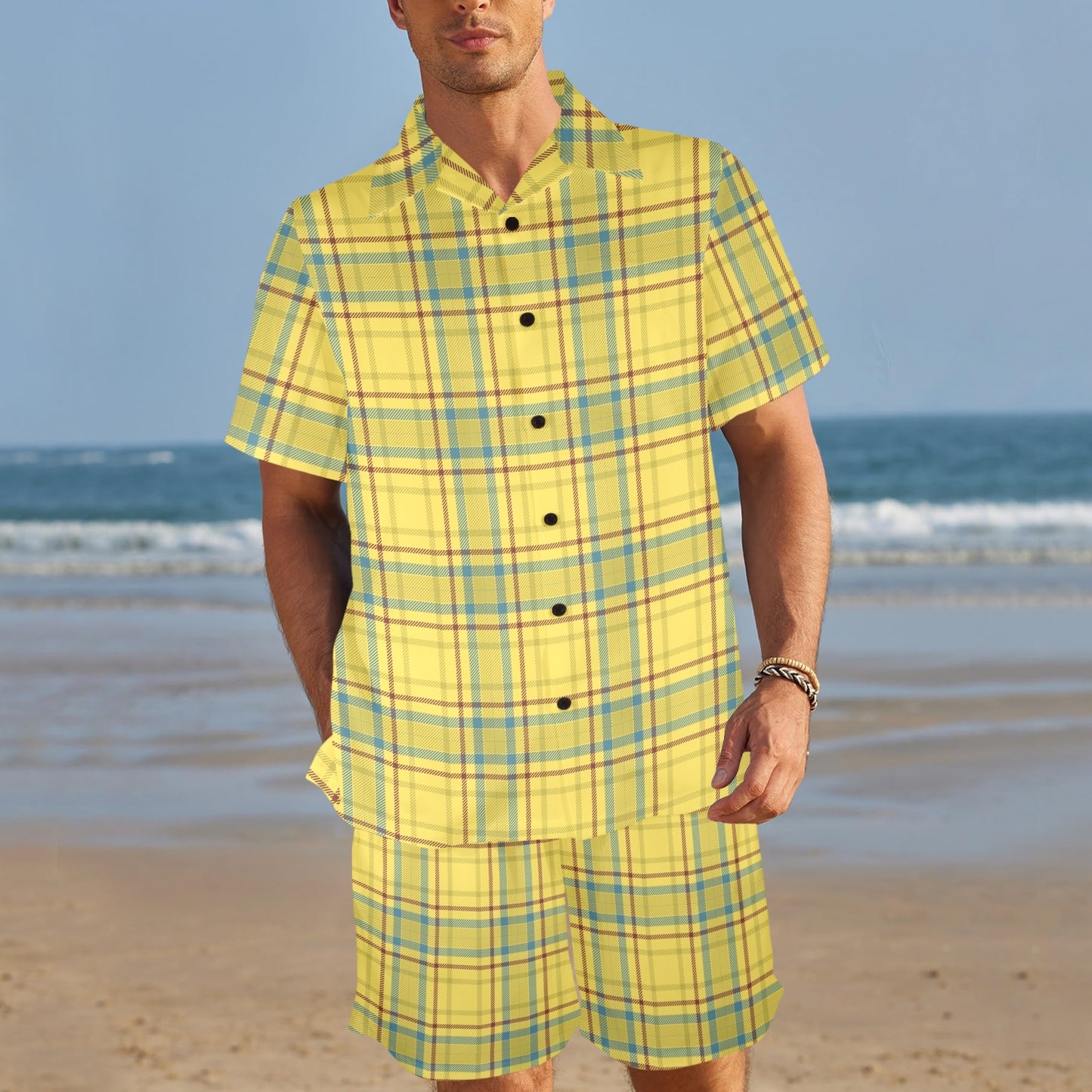 Tartan Yellow Print Design LKS301 Men's Beach Shirt and Shorts Set