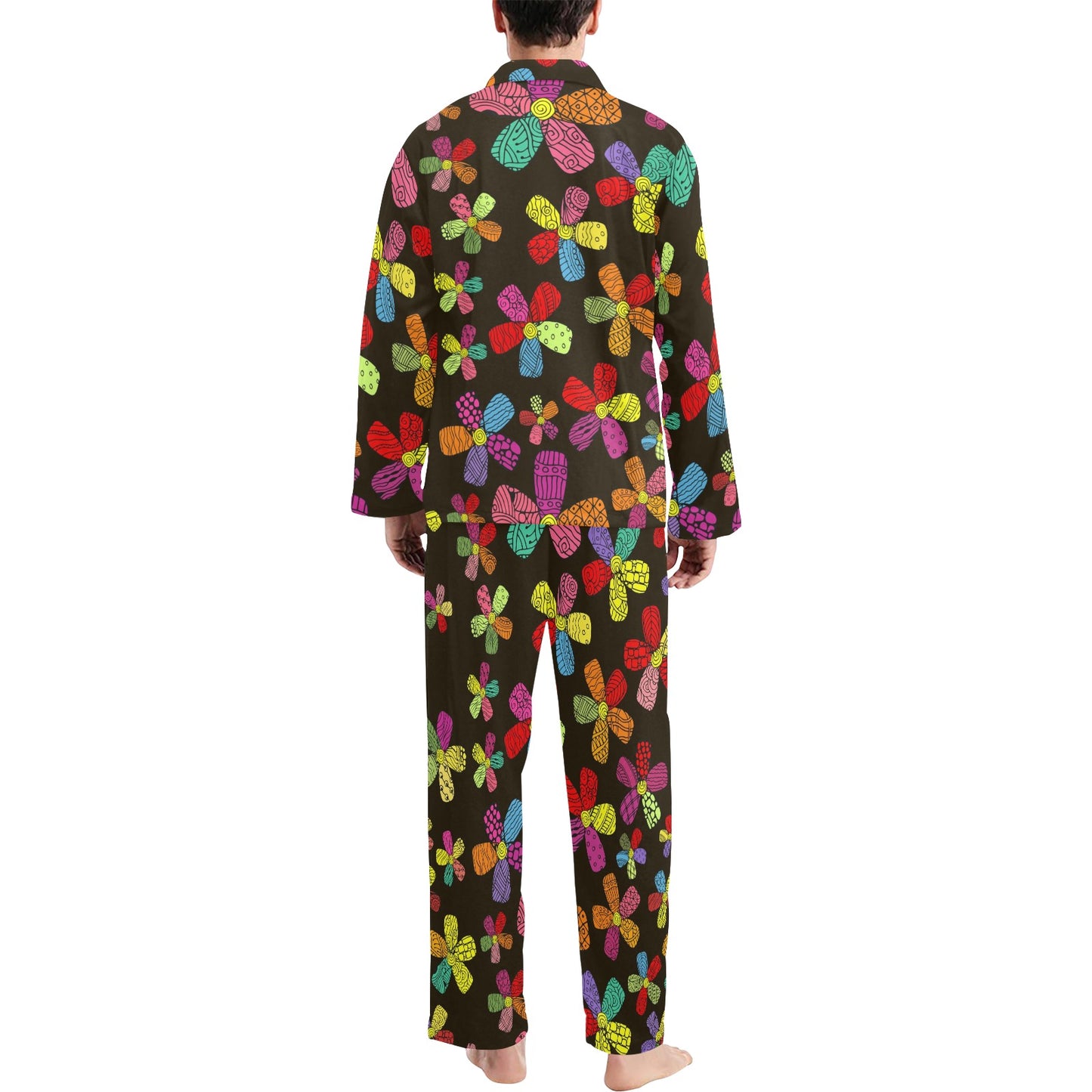 Flower Power Colorful Print Pattern Men's Long Pajama Set