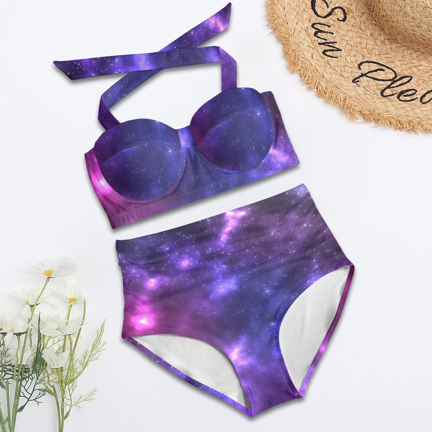 Celestial Purple Blue Galaxy Halter Neck Bikini Swimsuit
