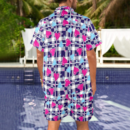 Heart Design Print Pattern JJ0335 Men's Beach Shirt and Shorts Set