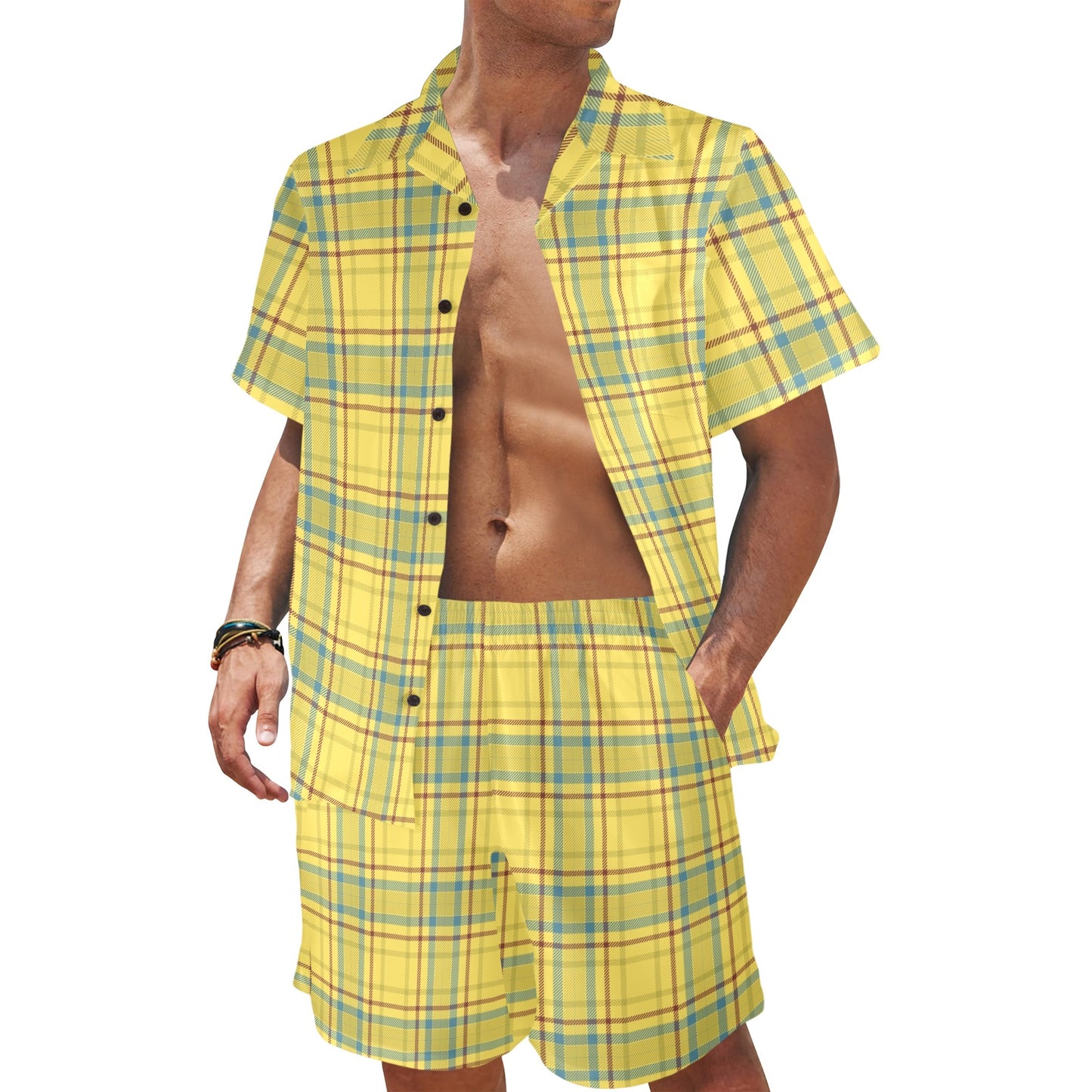 Tartan Yellow Print Design LKS301 Men's Beach Shirt and Shorts Set