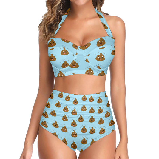 Poop Emoji Pattern Print Design A03 Halter Neck Bikini Swimsuit