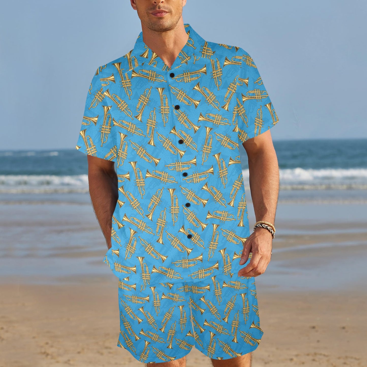 Trumpet Golden Pattern Themed Print Men's Beach Shirt and Shorts Set