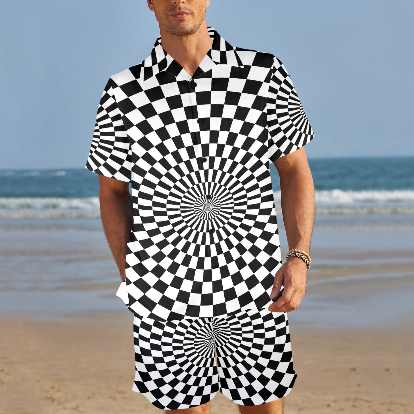 Checkered Flag Optical illusion Men's Beach Shirt and Shorts Set