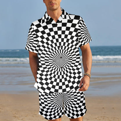 Checkered Flag Optical illusion Men's Beach Shirt and Shorts Set