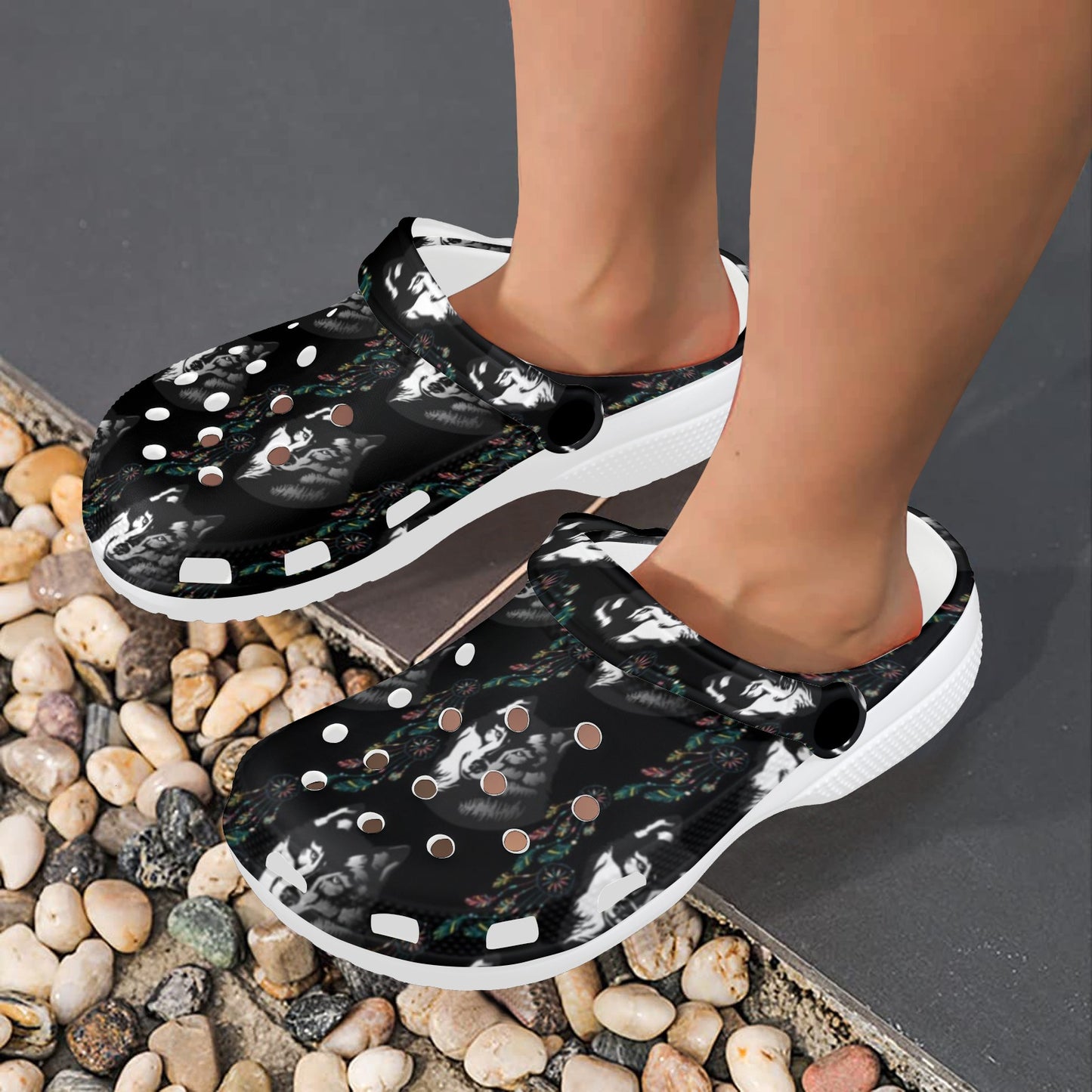 Wolf Black Dream Catcher Design Print Unisex Clogs Shoes