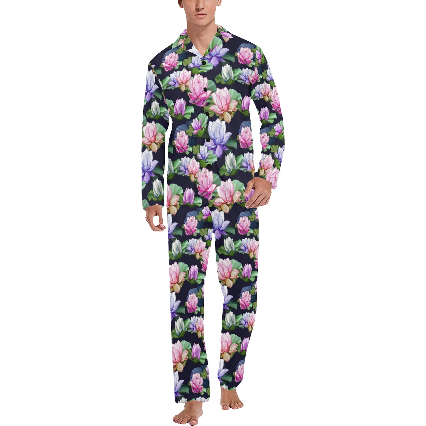 Lotus Flower Print Design Men's Long Pajama Set
