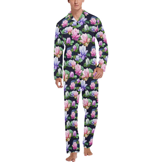 Lotus Flower Print Design Men's Long Pajama Set