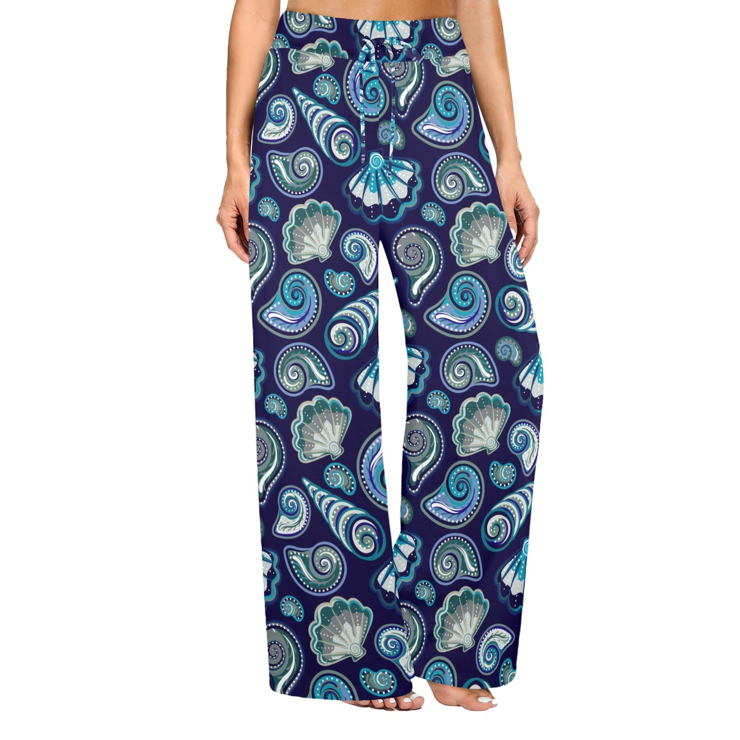 Beach Seashell Blue Print Women's Wide Leg Lounge Pants