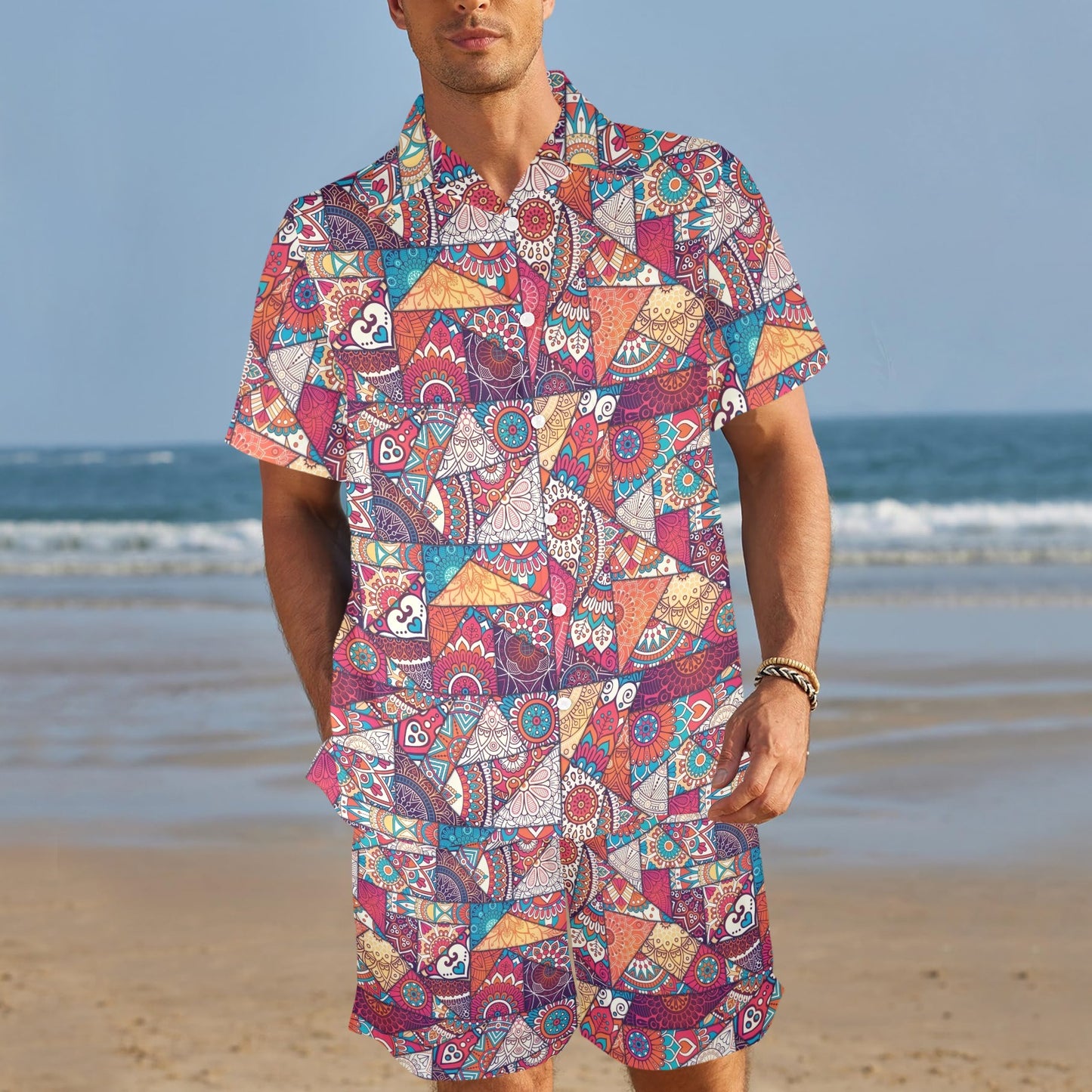 Patchwork Print Design LKS401 Men's Beach Shirt and Shorts Set
