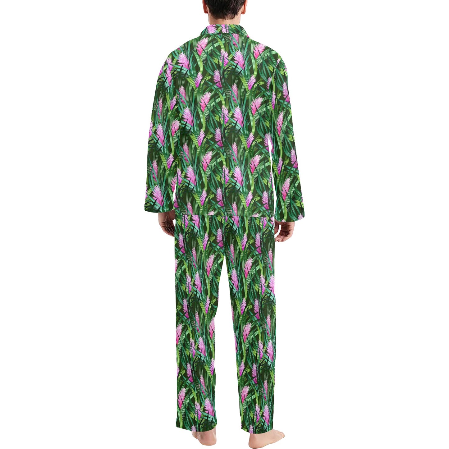 Tropical Folower Pink Heliconia Print Men's Long Pajama Set