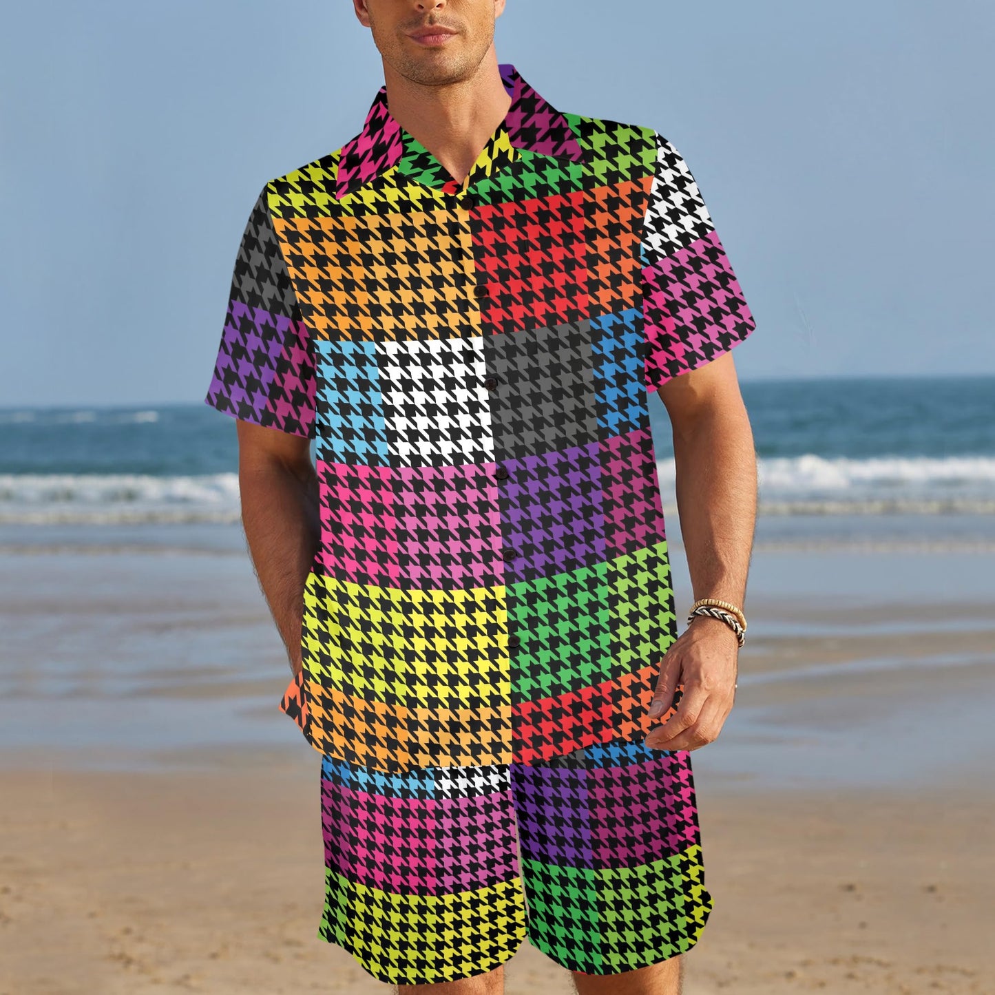 Houndstooth Colorful Pattern Print Design 01 Men's Beach Shirt and Shorts Set