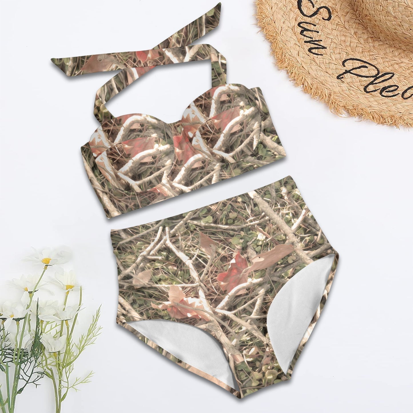 Camouflage Realistic Tree Authumn Print Halter Neck Bikini Swimsuit