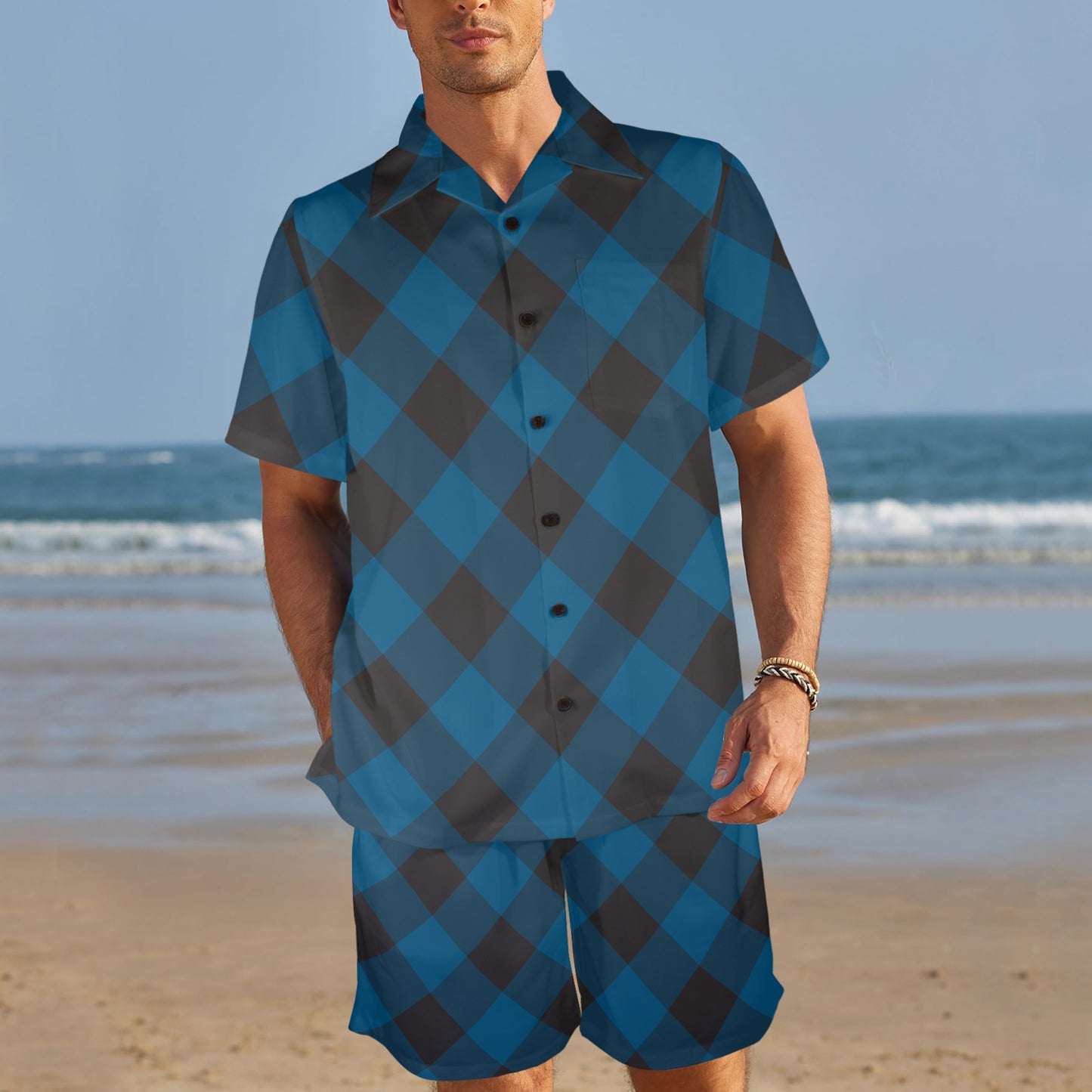Plaid Blue Pattern Print Design A04 Men's Beach Shirt and Shorts Set