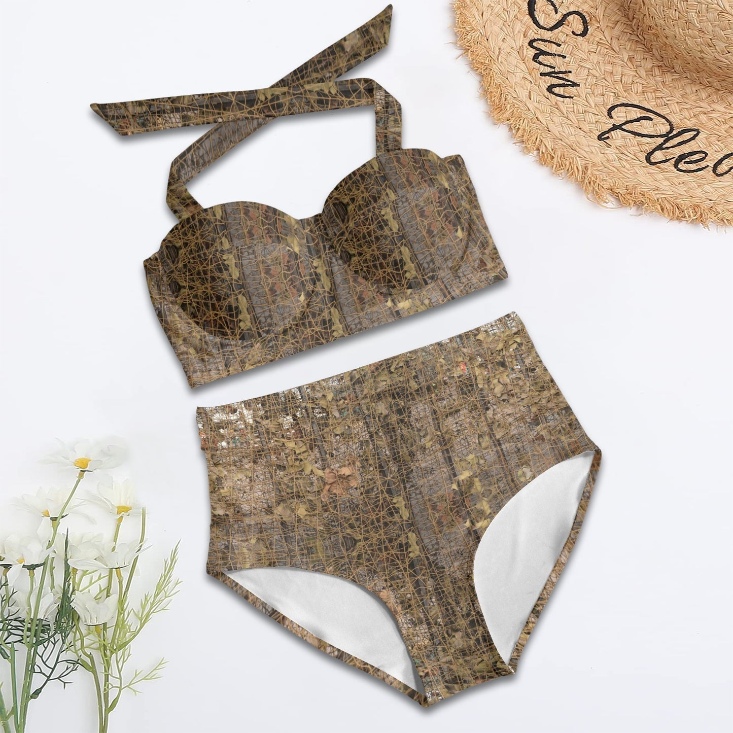 Camouflage Realtree Pattern Print Design 01 Halter Neck Bikini Swimsuit