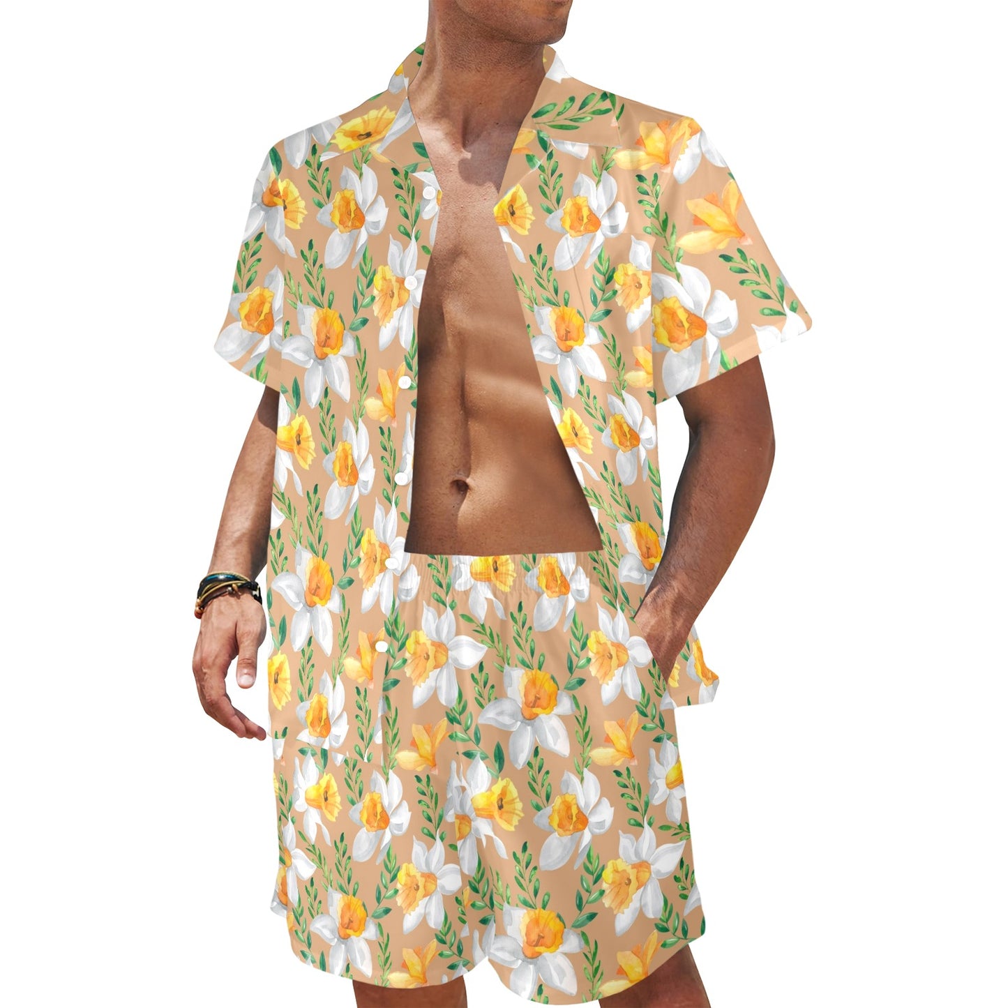Daffodils Pattern Print Design DF04 Men's Beach Shirt and Shorts Set