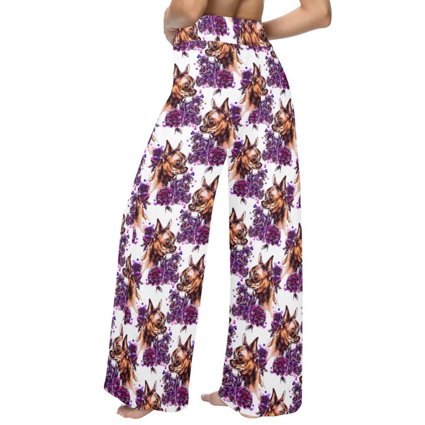 Chihuahua Purple Floral Women's Wide Leg Lounge Pants