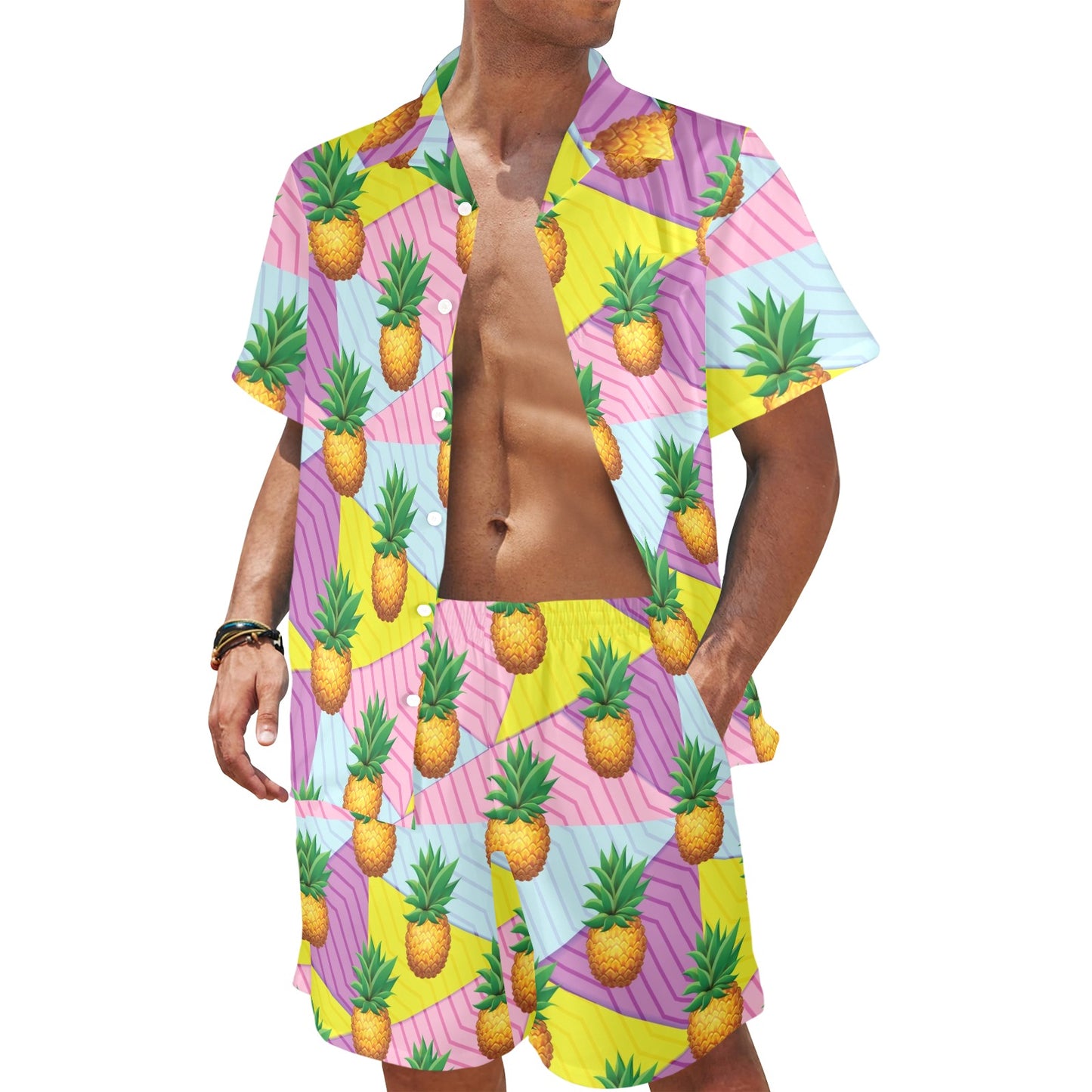 Pineapple Pattern Print Design PP05 Men's Beach Shirt and Shorts Set