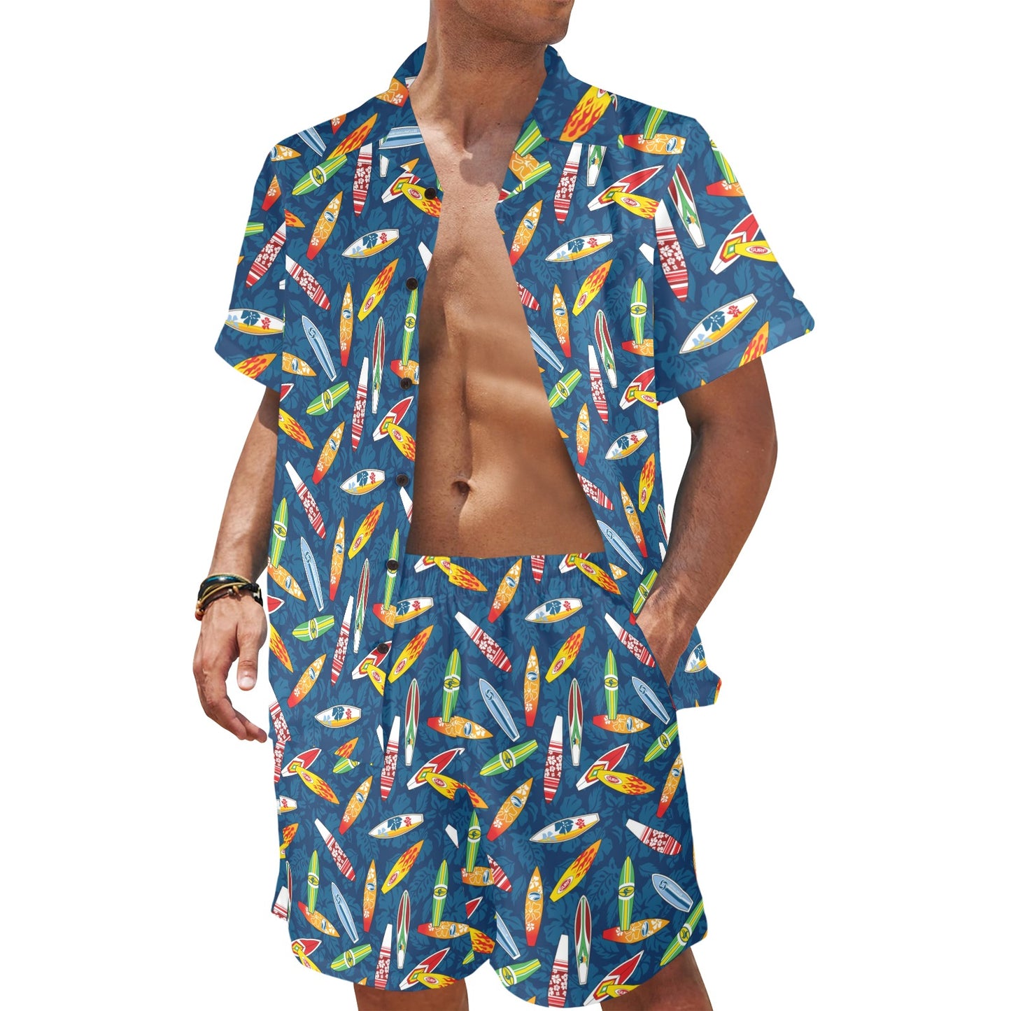 Surfboard Pattern Print Men's Beach Shirt and Shorts Set