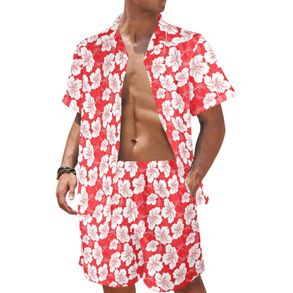 Flower Hawaiian Hibiscus Red Background Print Men's Beach Shirt and Shorts Set