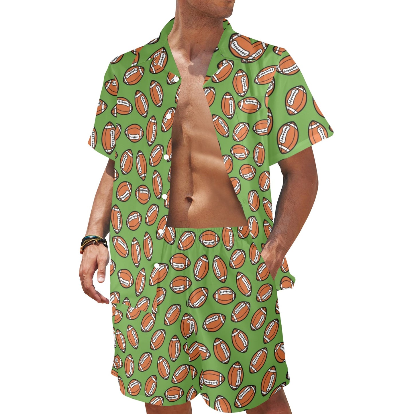 American Football on Green Design Men's Beach Shirt and Shorts Set