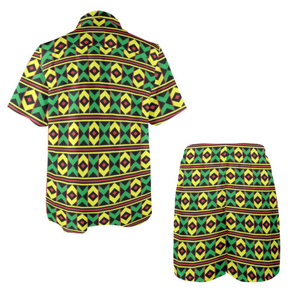 African Geometric Print Pattern Men's Beach Shirt and Shorts Set